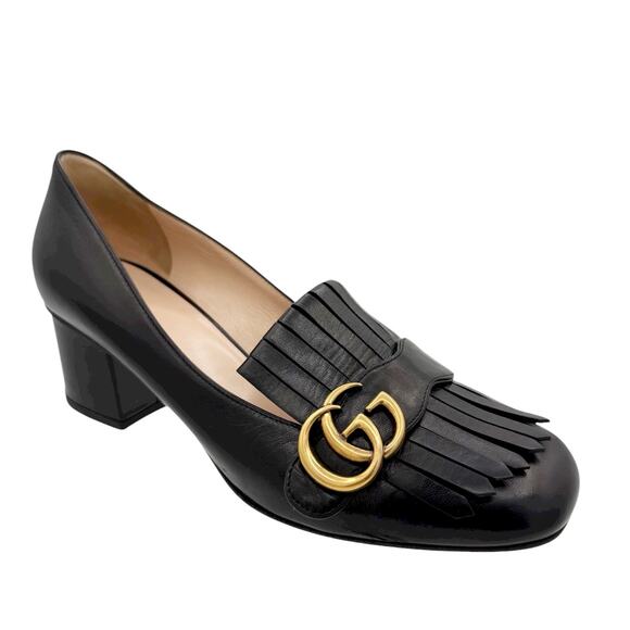 Gucci Marmont GG Fringe Loafers Low Block Heel Pumps Black LeatherSize 39 US 9 - Picture 12 of 15